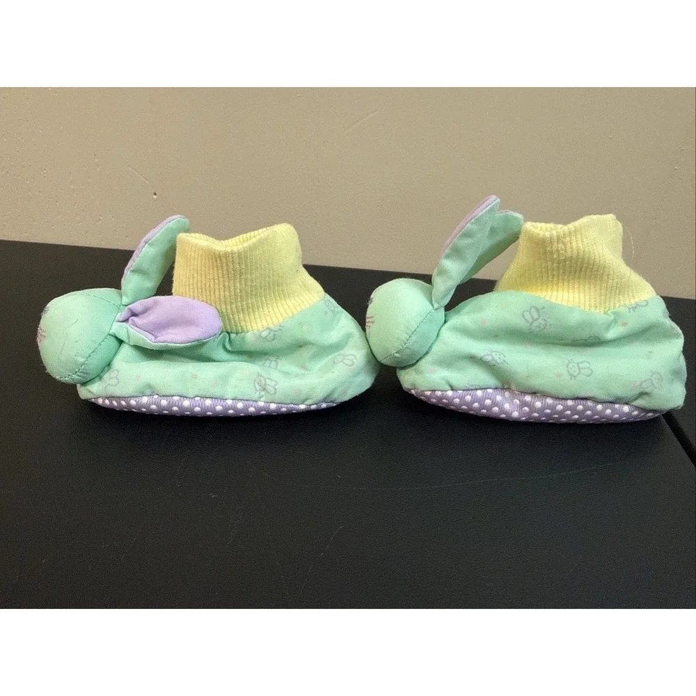 AVON Baby Bunny Slippers SM Size 0-12Months Green Rabbit Purple Ears Booties VTG